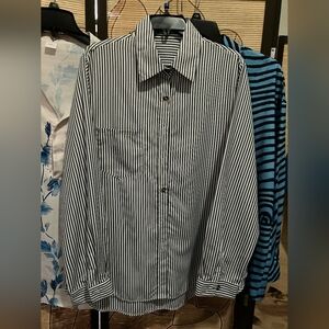Women’s Striped Button Down Top XL Dark Gray White Long Sleeve Blouse